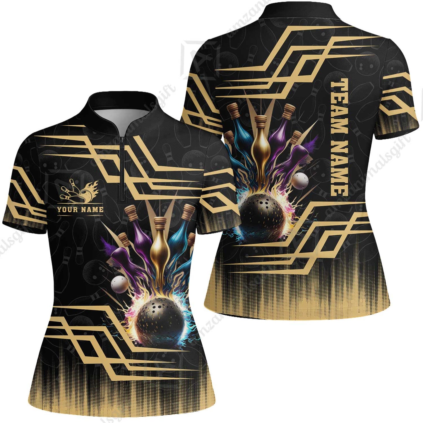 Customized Bowling Unisex Polo, Bowling And Pins Royal Multicolor Option Customized Name And Team Name For Bowling Team