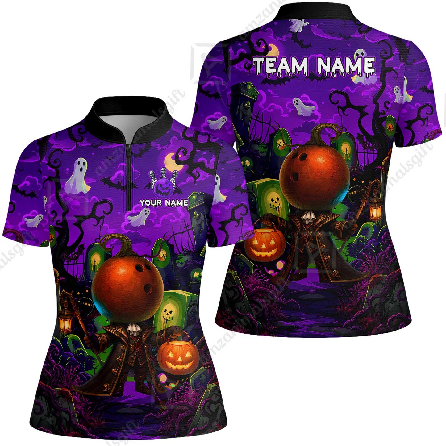 Custom Bowling Jersey Polo Shirt, Halloween Spooky Strike, Custom Bowling Jersey Team Shirt For Players With Name & Team Name