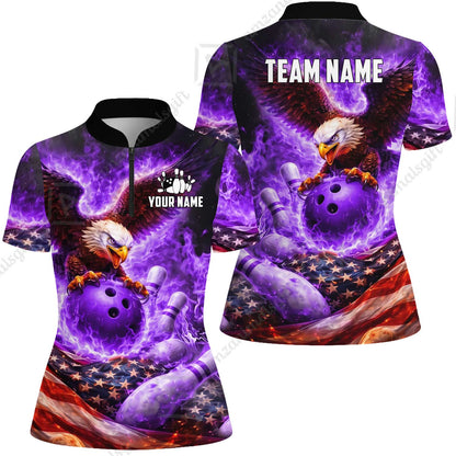Custom Bowling Jersey Polo Shirt, Patriotic Blue Fire Eagle, Custom Bowling Jersey Team Shirt For Players With Name and Team Name