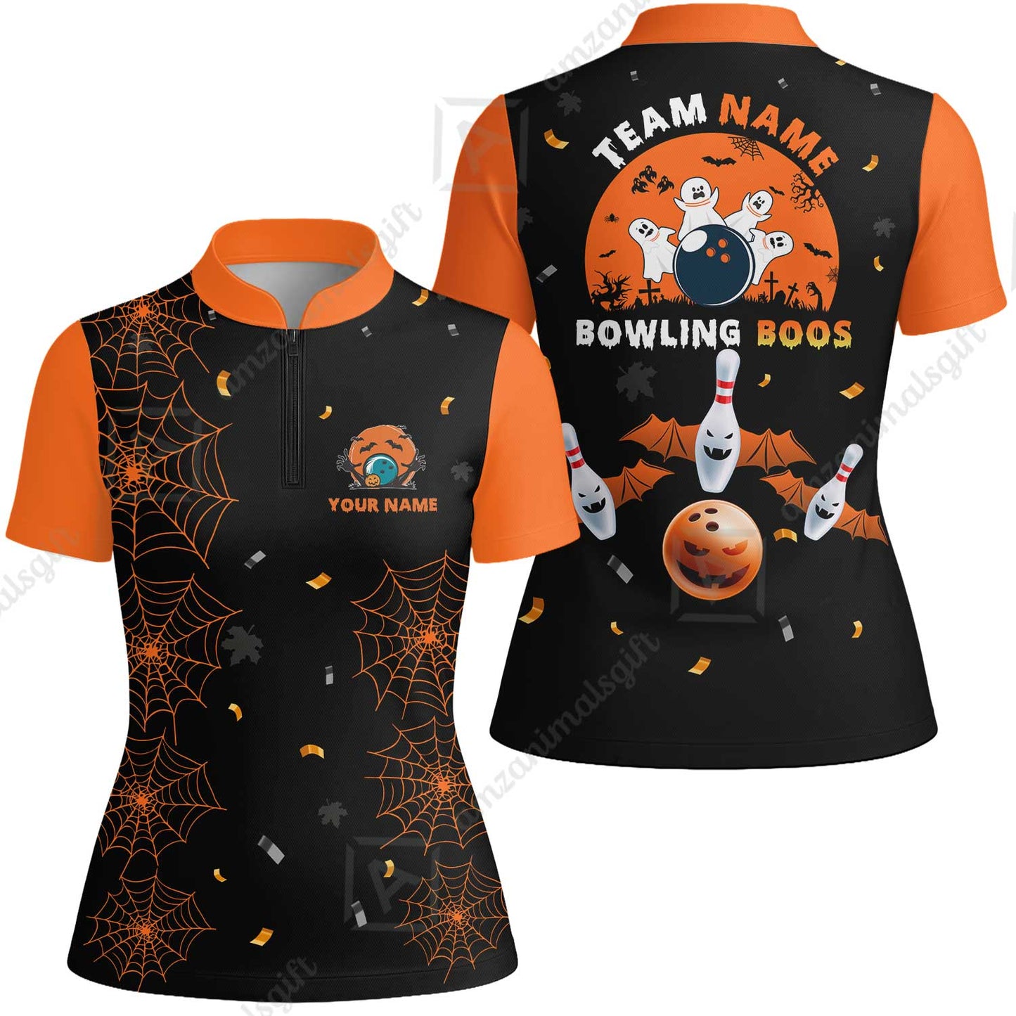 Customized Bowling Ball Halloween Moon Bowling Women Jersey Shirts, Bowling uniforms Bowling And Boos Funny Halloween Ghost Quarter-Zip Polo Shirts