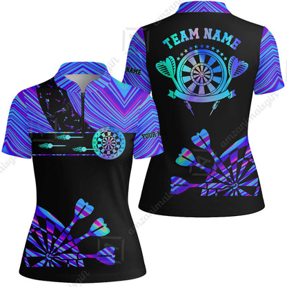Customized Darts Polo Shirt, Neon Dartboard Darts Team Style Stand Collar Quater-Zip, Perfect Outfit Jersey for Darts Players