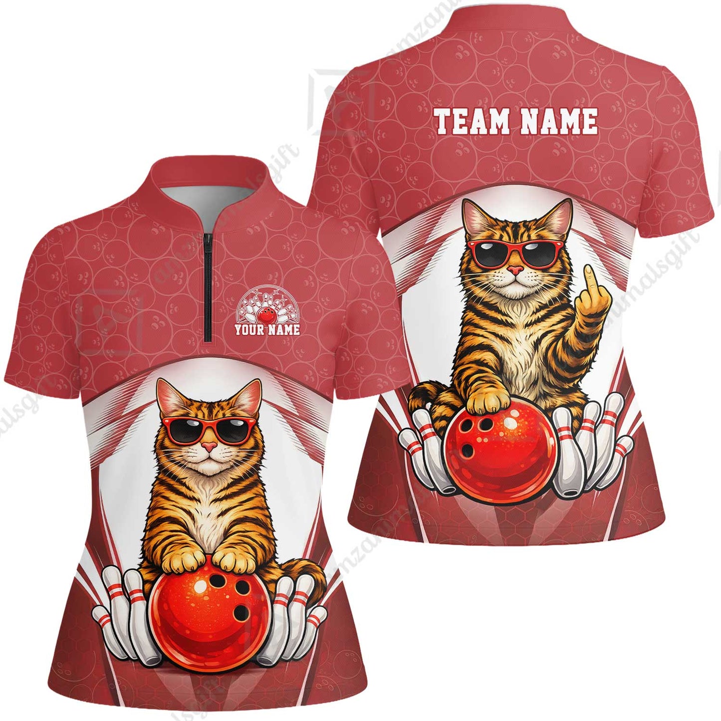 Custom Bowling Polo Shirt, Funny Cat with Sunglasses Bowling Custom Bowling Polo Team Shirt For Players With Name & Team Name