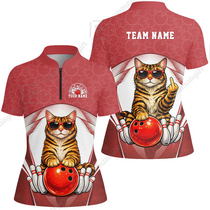 Custom Bowling Polo Shirt, Funny Cat with Sunglasses Bowling Custom Bowling Polo Team Shirt For Players With Name & Team Name