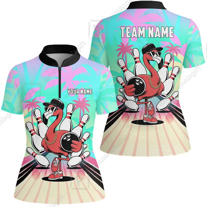 Custom Bowling Jersey Polo Shirt, Sunset Lanes Flamingo, Custom Bowling Jersey Team Shirt For Players With Name and Team Name