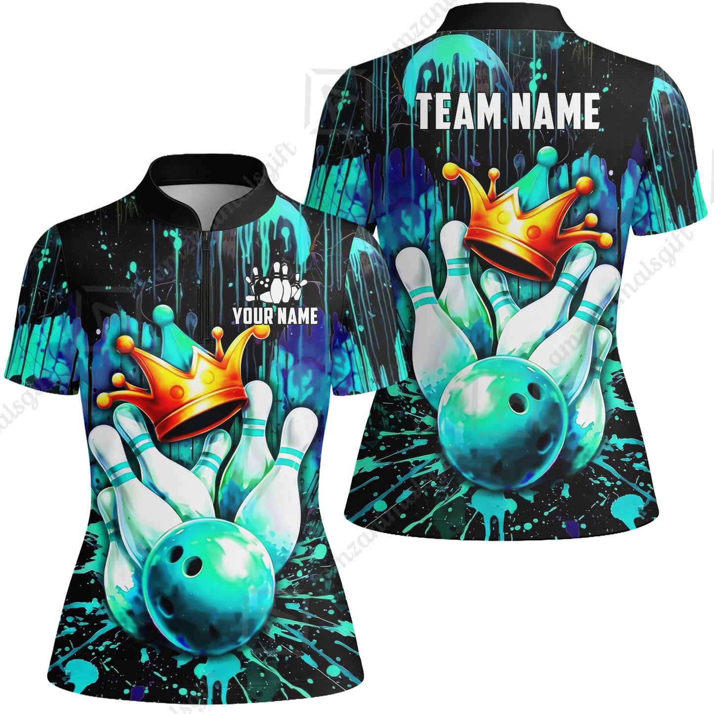 Custom Bowling Jersey Polo Shirt, Neon King Crown, Custom Bowling Jersey Team Shirt For Players With Name and Team Name