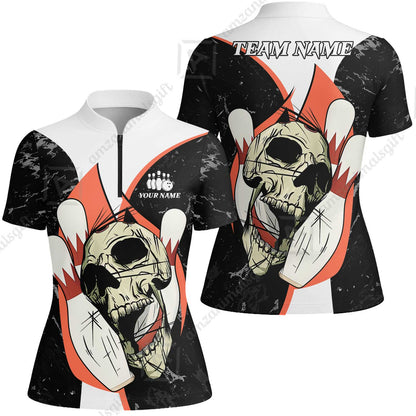 Customized Bowling Team Polo Jersey, Skull Rolling Bowling Illustration Halloween Style Uniform Shirt For Bowlers