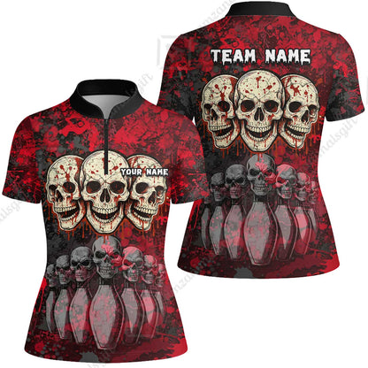 Custom Three Skulls with Red Blood Splash Bowling Team Shirt, Bowling uniforms, Bowling Shirt Personalized Name And Team Name
