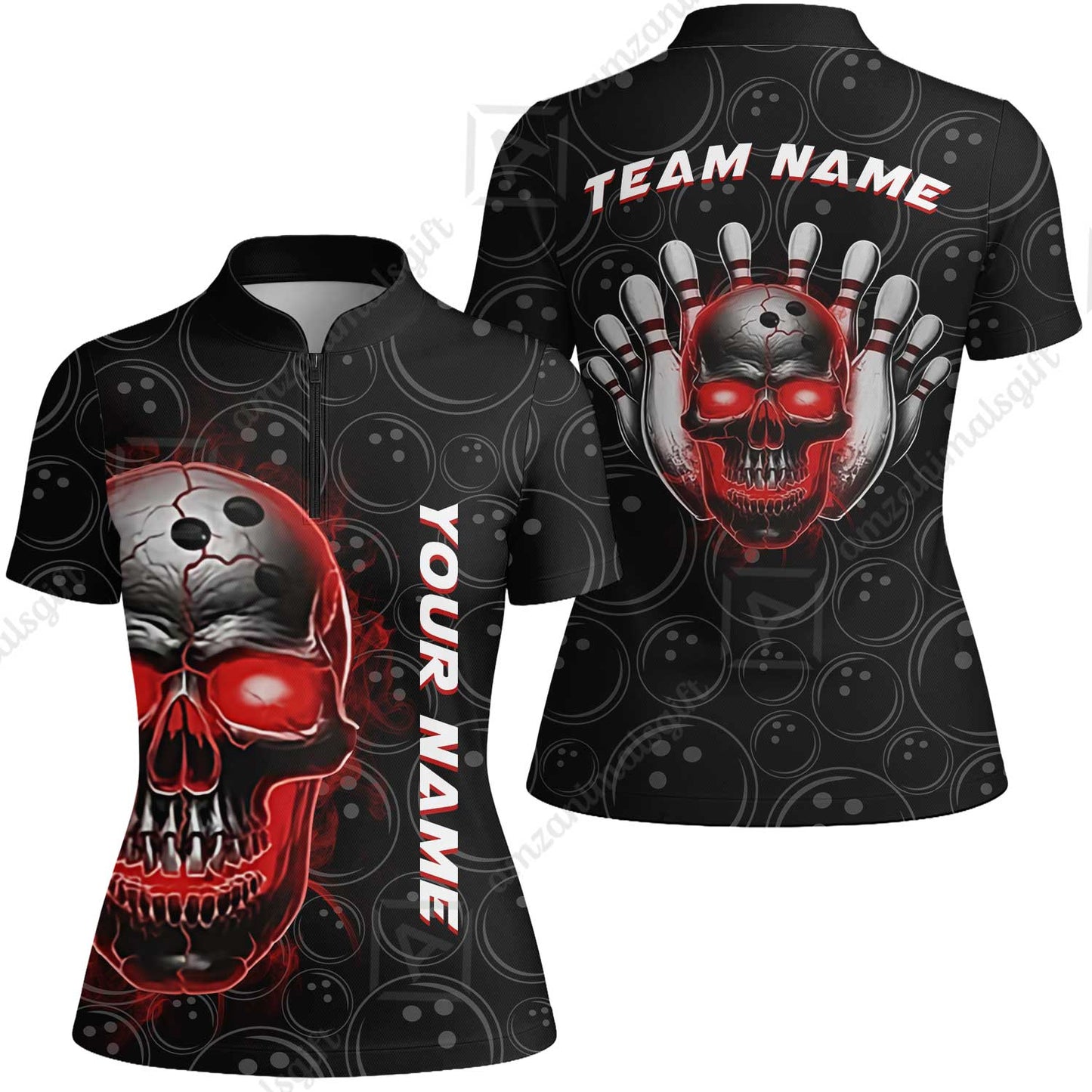 Customized Bowling Team Jersey Skull Flaming In Bowling Pattern Personalized Name Team Name Quarter-Zip Jerseys For Bowlers