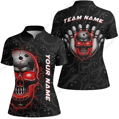 Customized Bowling Team Jersey Skull Flaming In Bowling Pattern Personalized Name Team Name Quarter-Zip Jerseys For Bowlers