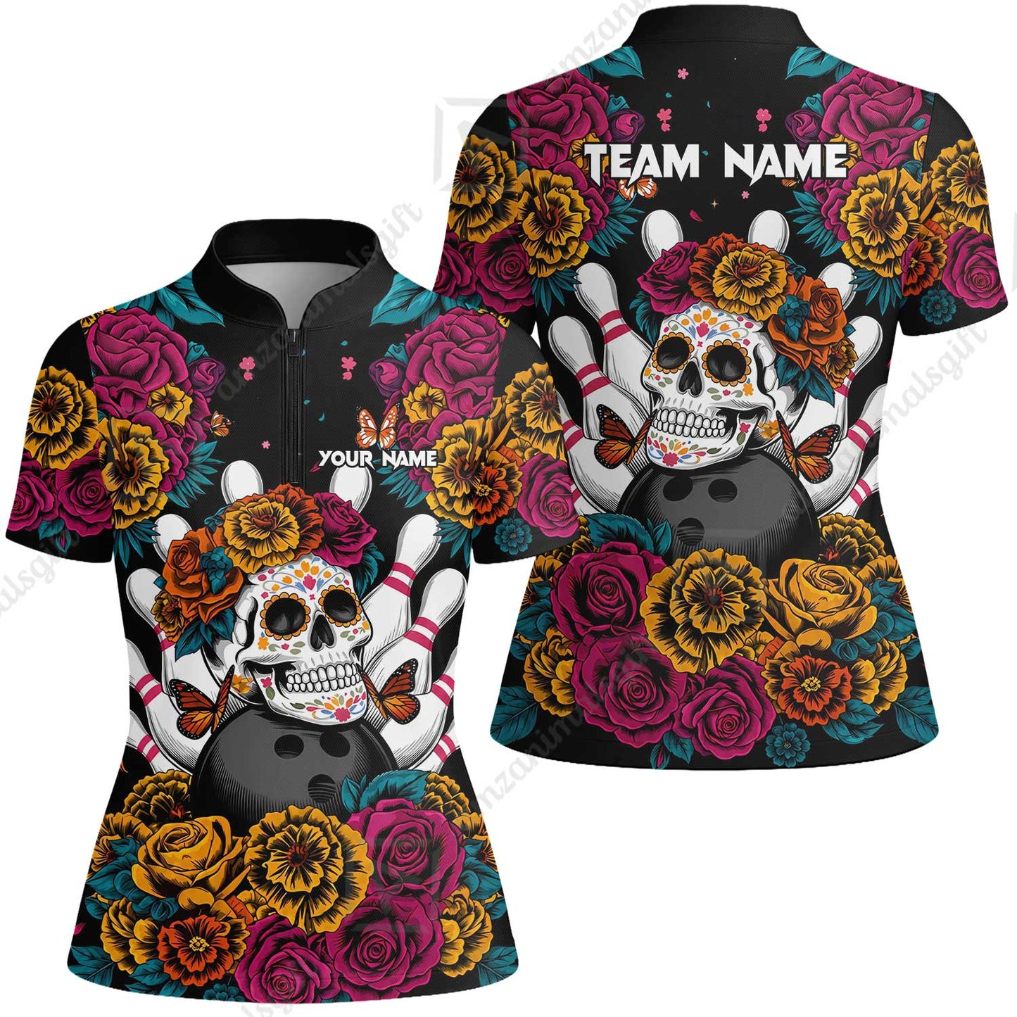 Custom Bowling Jersey Polo Shirt, Floral Skull Bowling, Personalize Name and Team Name