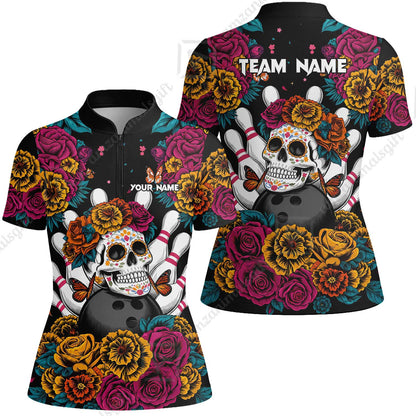 Custom Bowling Jersey Polo Shirt, Floral Skull Bowling, Personalize Name and Team Name