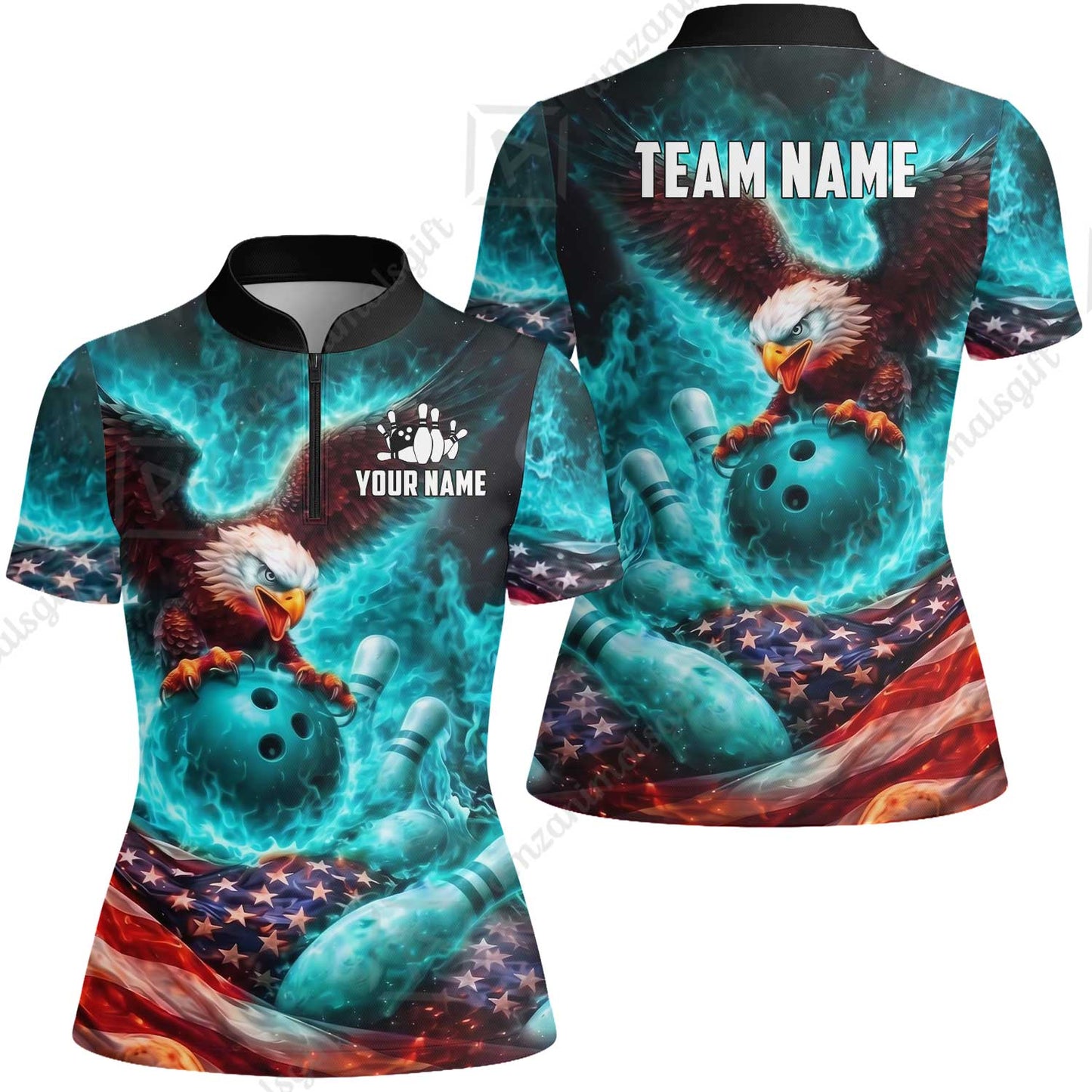 Custom Bowling Jersey Polo Shirt, Patriotic Blue Fire Eagle, Custom Bowling Jersey Team Shirt For Players With Name and Team Name