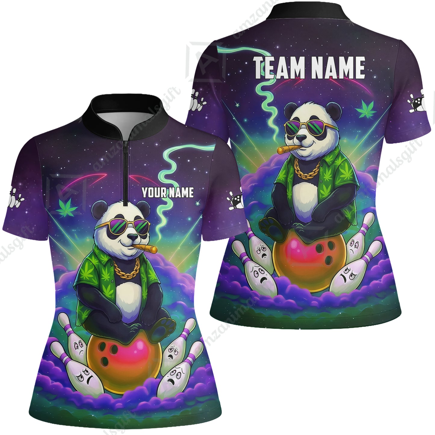 Custom Bowling Jersey Polo Shirt, Chill Panda & Cosmic Vibe, Custom Bowling Jersey Team Shirt For Players With Name & Team Name