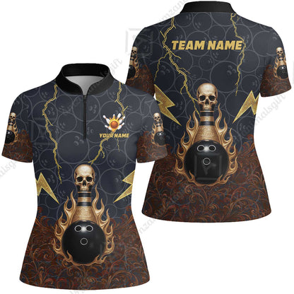 Custom Bowling Team Unisex Polo Shirt, Thunder Skull Strike Personalized Team Shirt, Custom Name and Team Name for Bowlers