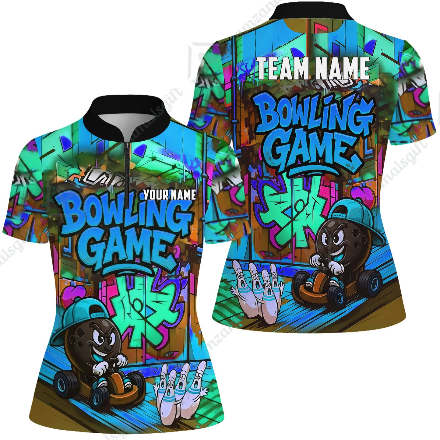 Custom Bowling Jersey Polo Shirt, Street Graffiti Go Kart Ball, Custom Bowling Jersey Team Shirt For Players With Name and Team Name