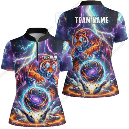 Custom Bowling Jersey Polo Shirt, Galactic Tiger Electric Strike, Custom Bowling Jersey Team Shirt For Players With Name and Team Name