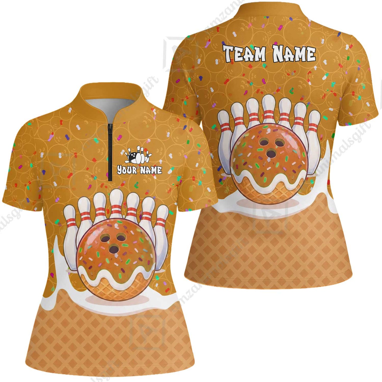 Custom Bowling Jersey Polo Shirt, Bowling Sprinkles Ice Cream Cone, Personalized Name & Team Name