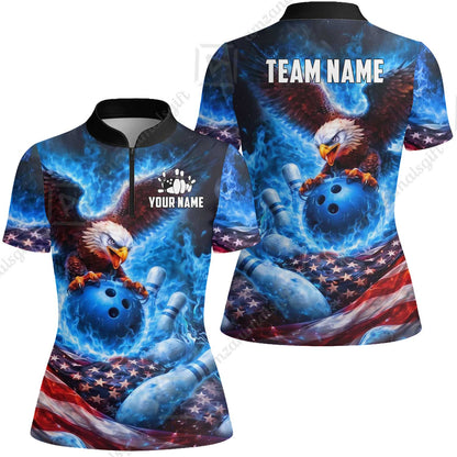 Custom Bowling Jersey Polo Shirt, Patriotic Blue Fire Eagle, Custom Bowling Jersey Team Shirt For Players With Name and Team Name