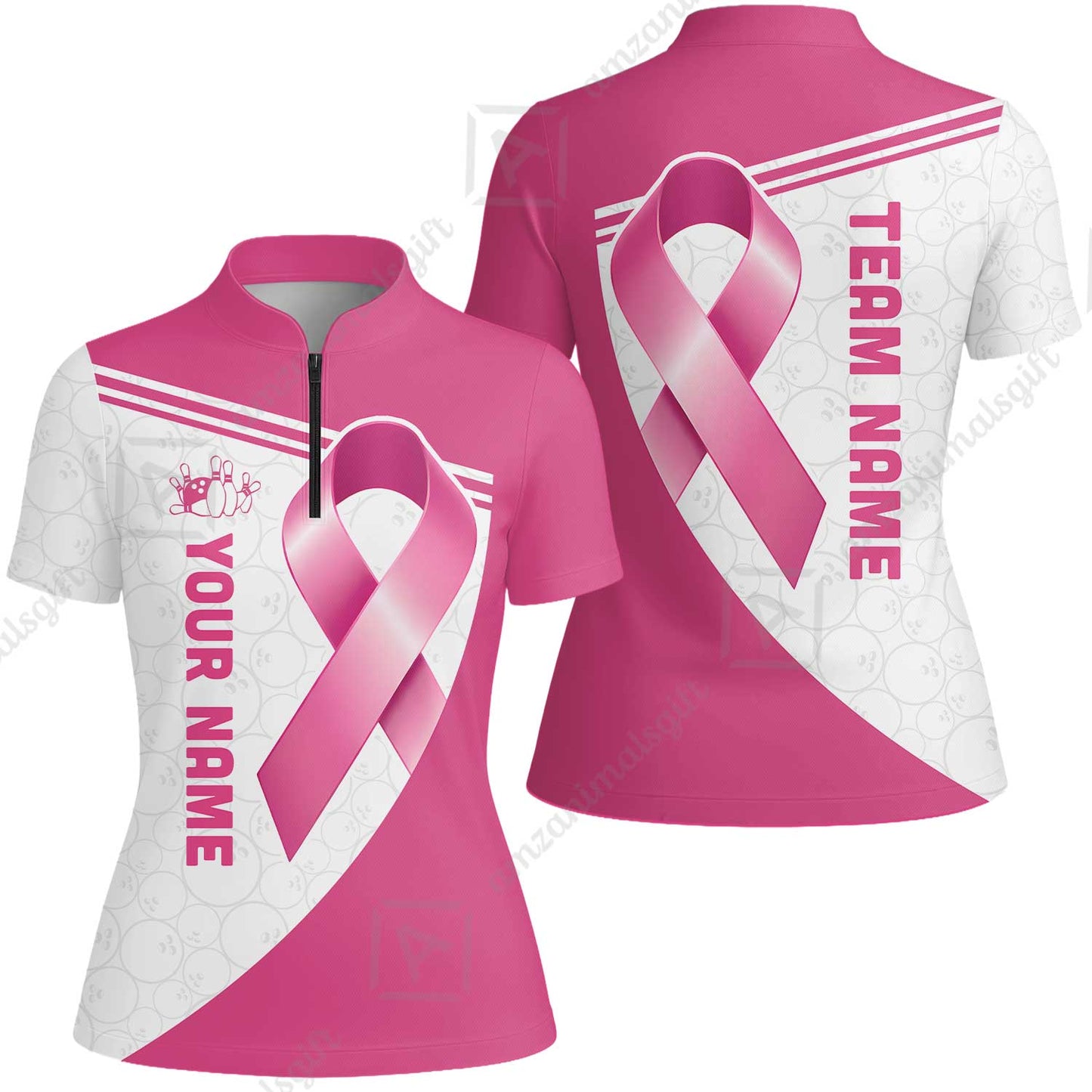 Custom Bowling Jersey Polo Shirt, Bowling Awareness Ribbon, Personalized Name And Team Name