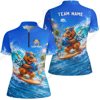 Custom Bowling Jersey Polo Shirt, Surfing Capybara, Personalized Name And Team Name