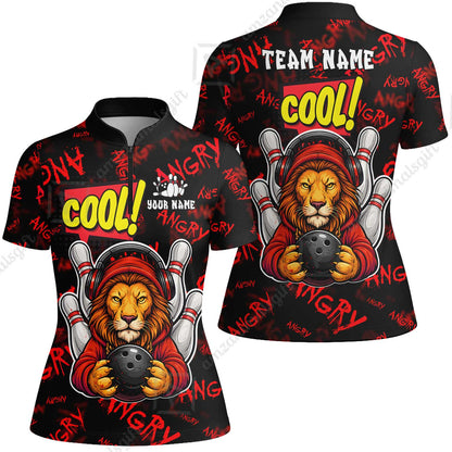 Custom Bowling Jersey Polo Shirt, Cool Lion Holding Ball, Personalize Name and Team Name
