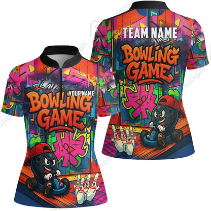 Custom Bowling Jersey Polo Shirt, Street Graffiti Go Kart Ball, Custom Bowling Jersey Team Shirt For Players With Name and Team Name