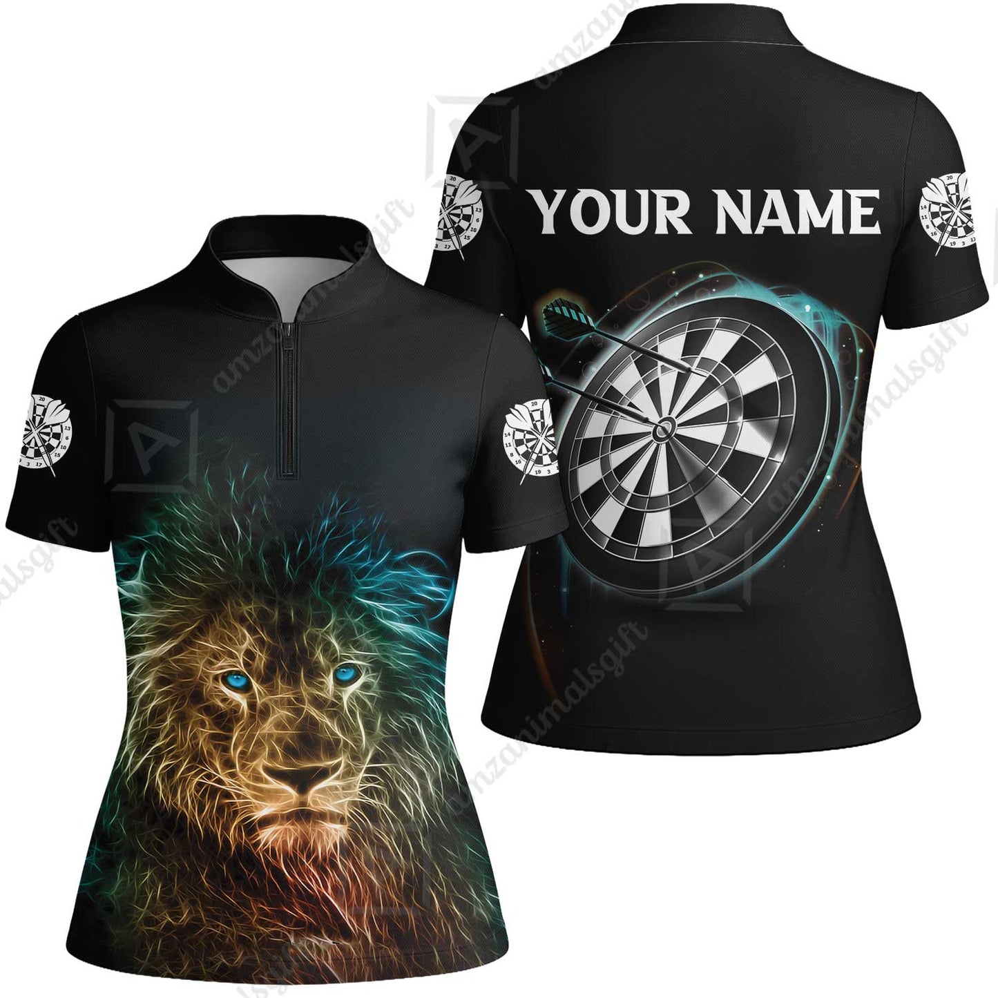 Customized Name Darts Polo Shirt, Blue Bullseye Dartboard Personalized Lion And Darts Polo Shirt