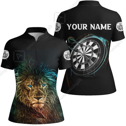 Customized Name Darts Polo Shirt, Blue Bullseye Dartboard Personalized Lion And Darts Polo Shirt
