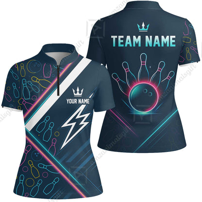 Customized Neon Glow Bowling Women Jersey Shirt, Lightning Bolt And Crown Women Jersey Shirt For Bowling Team, Bowlers