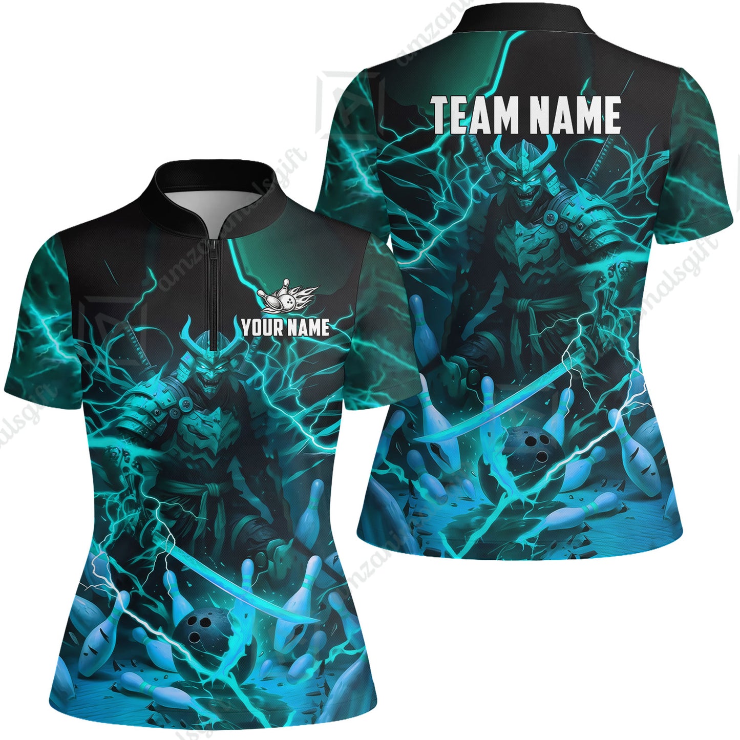 Custom Bowling Jersey Polo Shirt, Fiery Samurai Strike, Custom Bowling Jersey Team Shirt For Players With Name & Team Name
