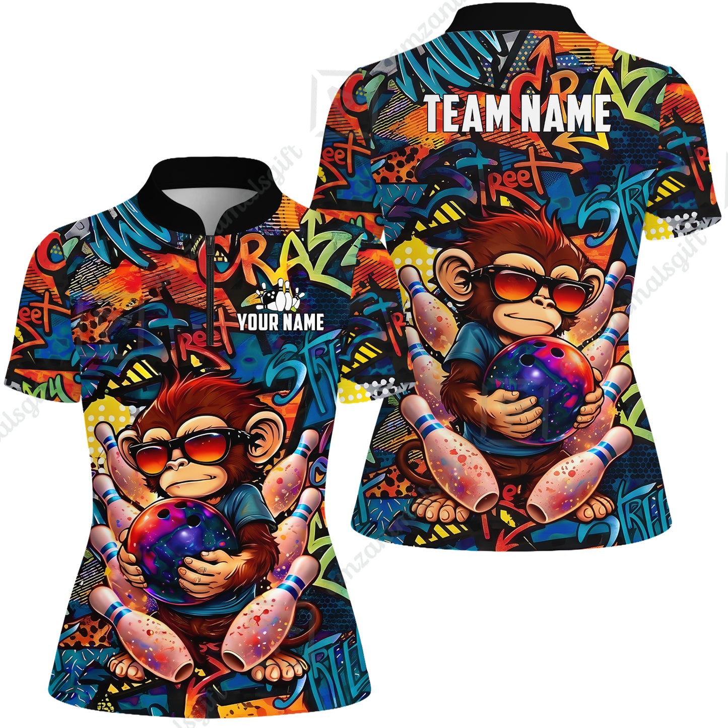 Custom Bowling Jersey Polo Shirt, Street Graffiti Funny Monkey Mascot, Custom Bowling Jersey Team Shirt For Players With Name & Team Name