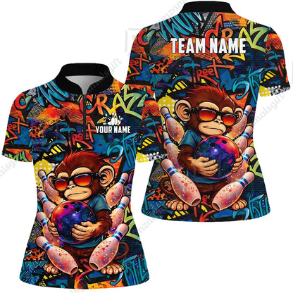 Custom Bowling Jersey Polo Shirt, Street Graffiti Funny Monkey Mascot, Custom Bowling Jersey Team Shirt For Players With Name & Team Name