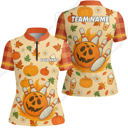 Customized Bowling Team Polo Jersey, Bowling Halloween Pumpkin Style Uniform Shirt For Bowlers
