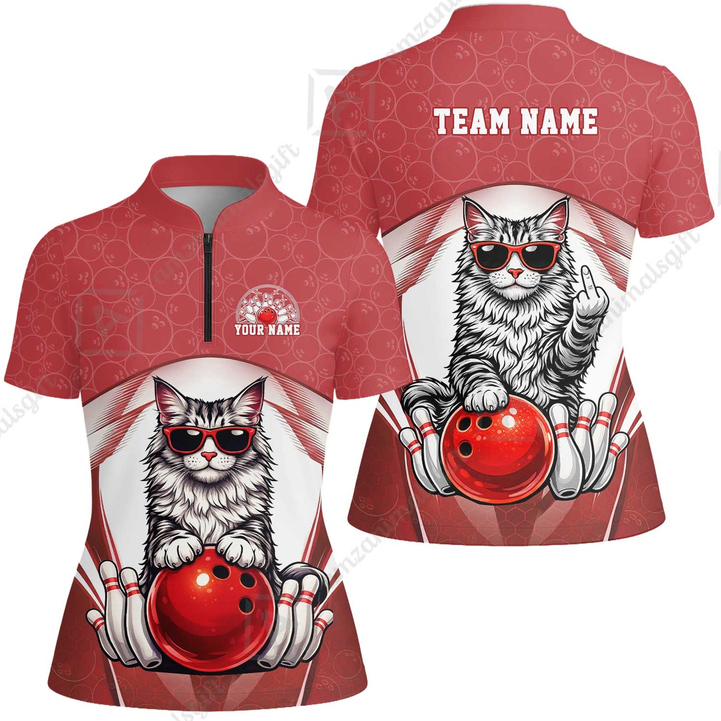 Custom Bowling Polo Shirt, Funny Cat with Sunglasses Bowling Custom Bowling Polo Team Shirt For Players With Name & Team Name