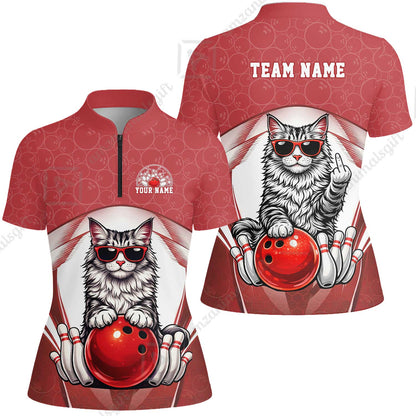 Custom Bowling Polo Shirt, Funny Cat with Sunglasses Bowling Custom Bowling Polo Team Shirt For Players With Name & Team Name