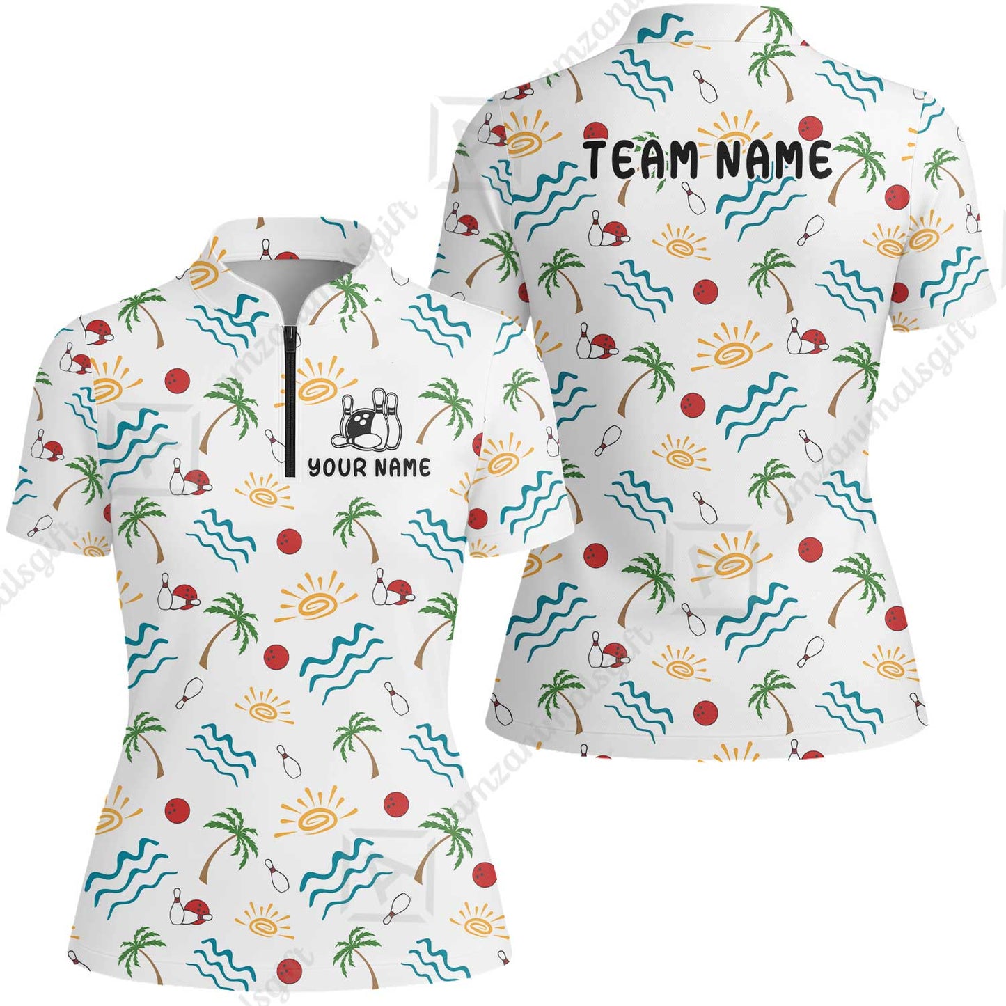 Custom Bowling Jersey Polo Shirt, Tropical Hand-Drawn Summer Doodle, Custom Bowling Jersey Team Shirt For Players With Name and Team Name