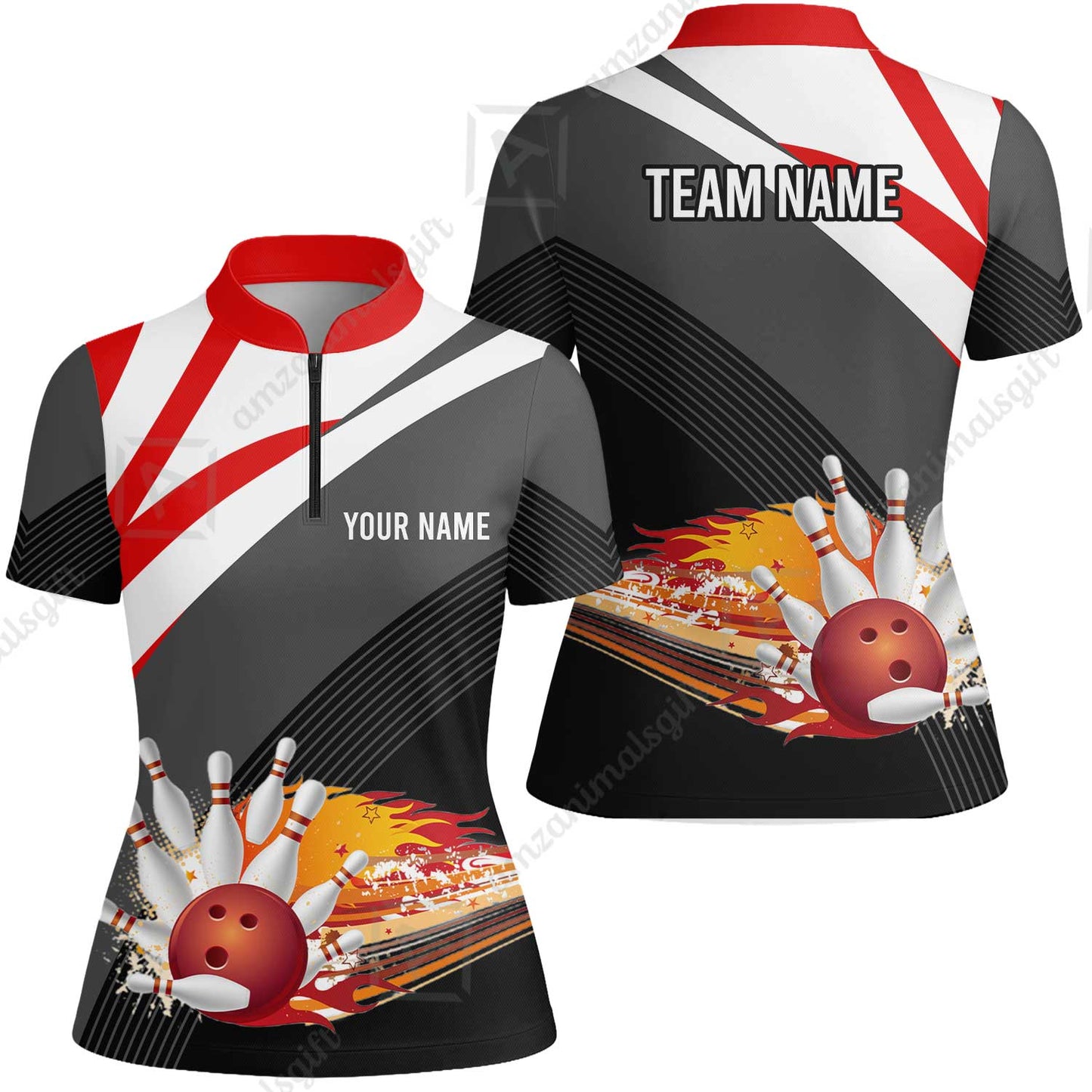 Custom Black and Red Flame Bowling Team Jersey Polo Shirts, Bowling Team Uniforms Jerseys, Personalized Name And Team Name