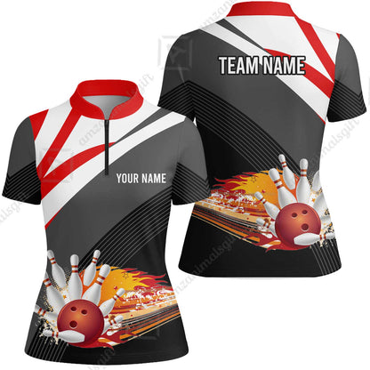 Custom Black and Red Flame Bowling Team Jersey Polo Shirts, Bowling Team Uniforms Jerseys, Personalized Name And Team Name