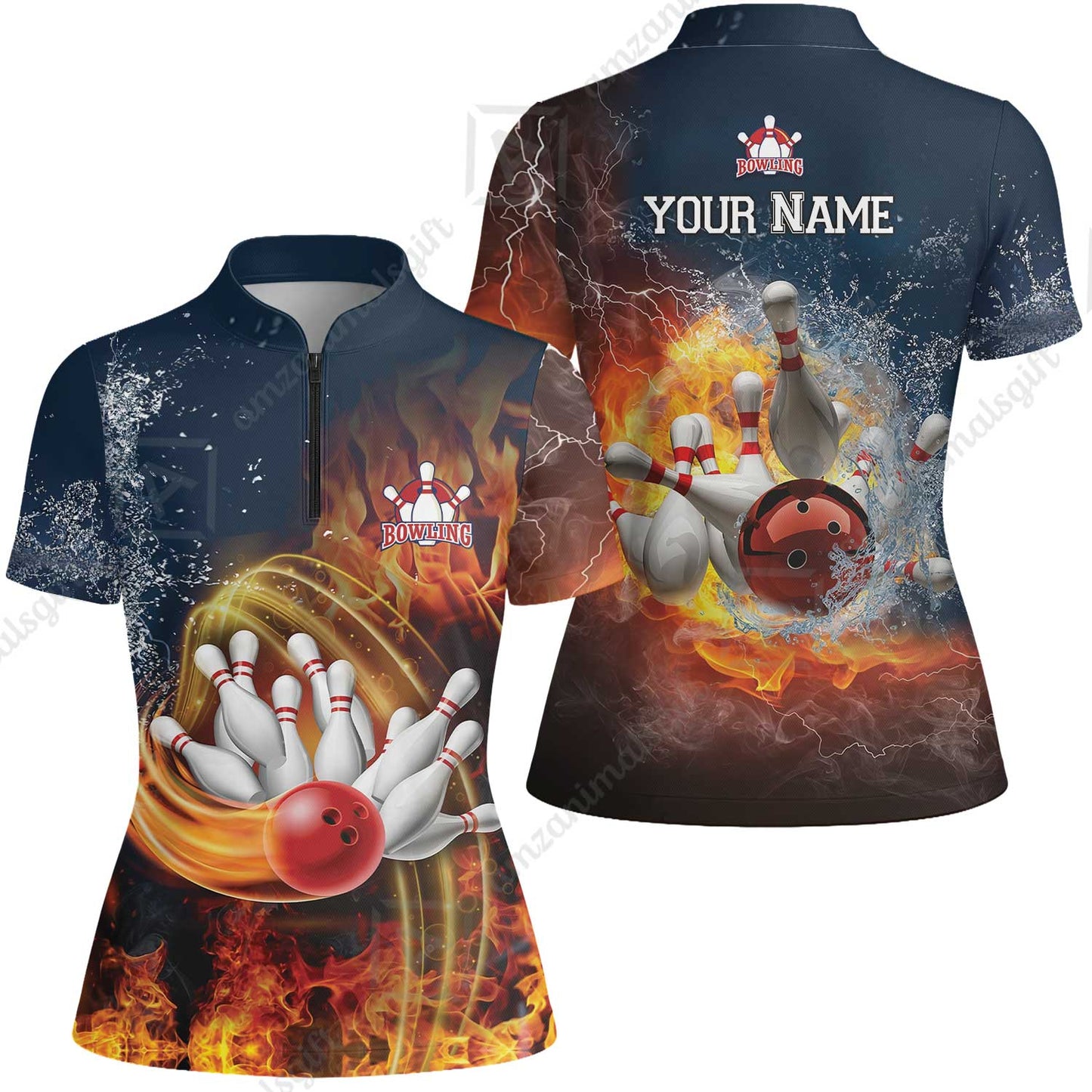 Bowling Custom Men Polo Shirt - Custom Name Red Bowl And Pins In Water And Fire Personalized Bowling Polo Shirt