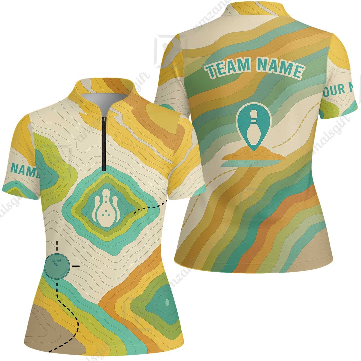 Customized Vintage Bowling Women Jersey Shirt, Topographic Map Trail Style Women Jersey Shirt For Bowling Team, Bowlers