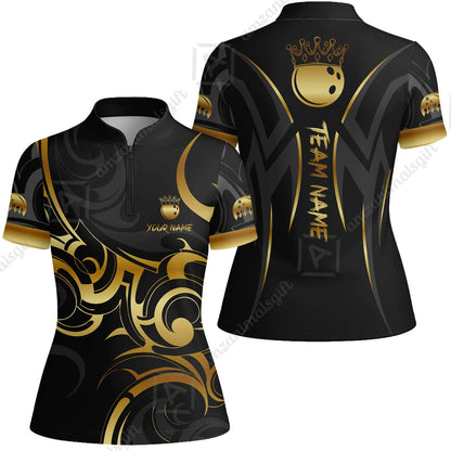 Customized Bowling Team Women Jersey Shirt, Bowling Swirling Fire Flames Gold And Black Style Polo Shirt For Bowlers
