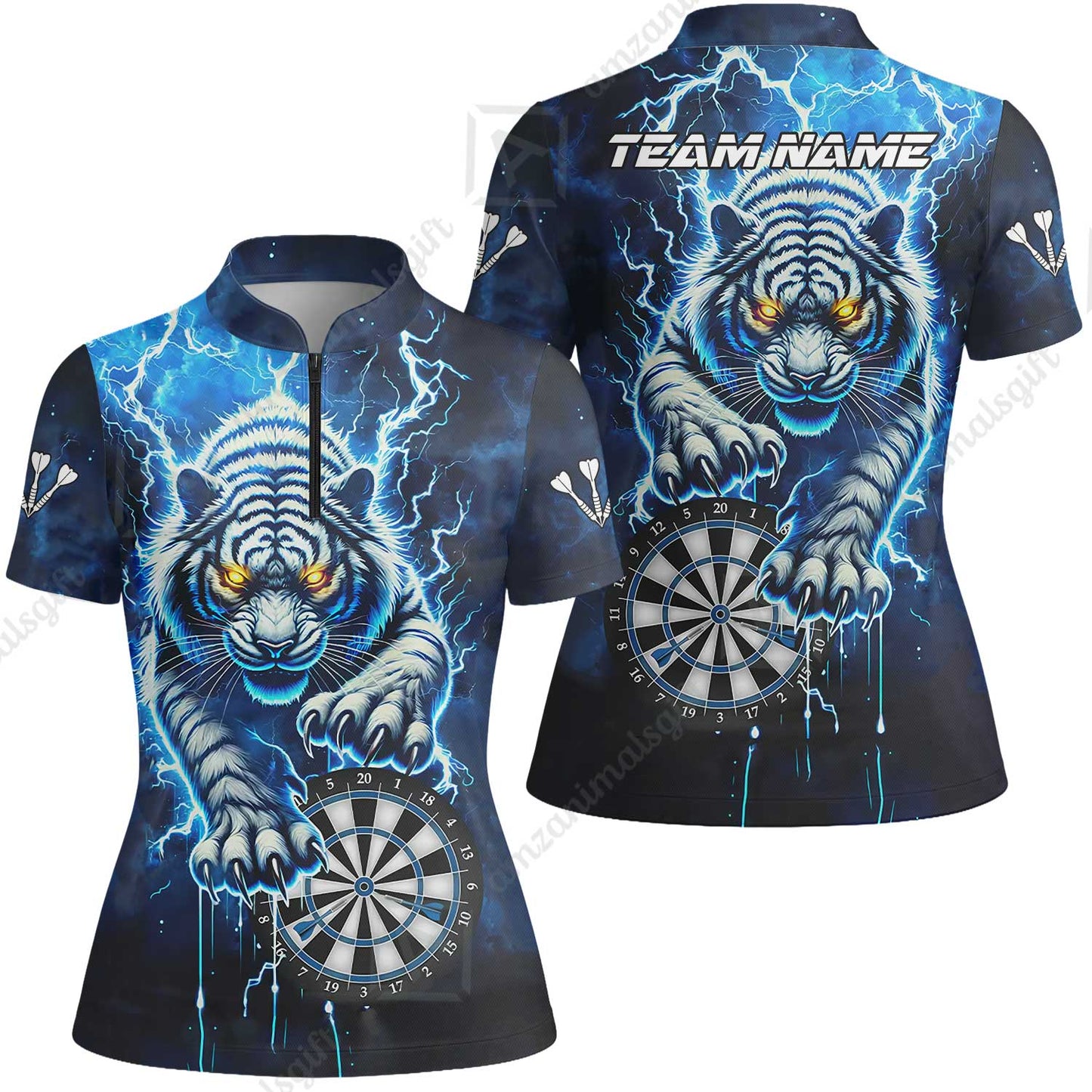 Custom Darts Team Jersey, Thunder Lightning Tiger Darts Jersey Polo Quarter-Zip Shirts, Custom Name And Team Name Darts Uniforms Jersey