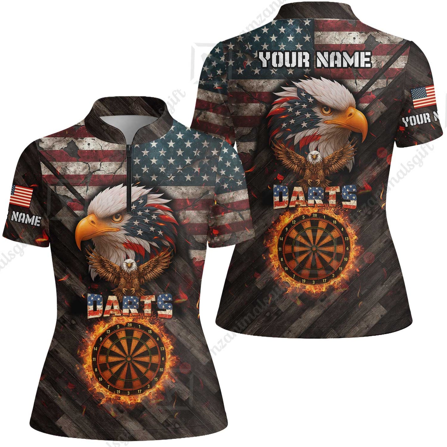 Customized American Flag Darts Polo Shirt, Darts Dartboard Fire Flame Eagle Style Jersey Polo Shirt for Darts Players
