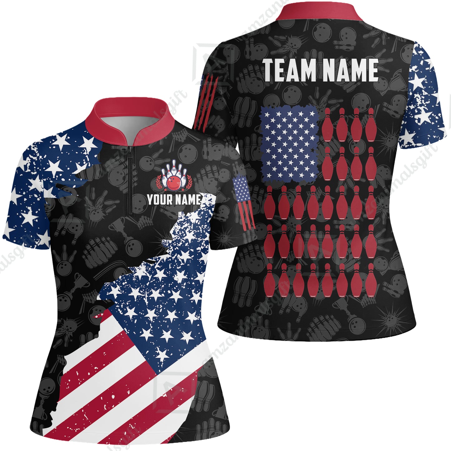 Custom Bowling Jersey Polo Shirt, Americana Patriotic Distressed Flag, Custom Bowling Jersey Team Shirt For Players With Name and Team Name