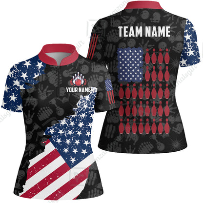 Custom Bowling Jersey Polo Shirt, Americana Patriotic Distressed Flag, Custom Bowling Jersey Team Shirt For Players With Name and Team Name