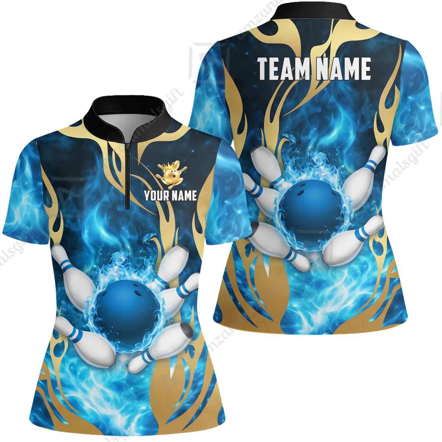 Custom Bowling Jersey Polo Shirt, Abyssal Fire & Golden Flames, Custom Bowling Jersey Team Shirt For Players With Name & Team Name