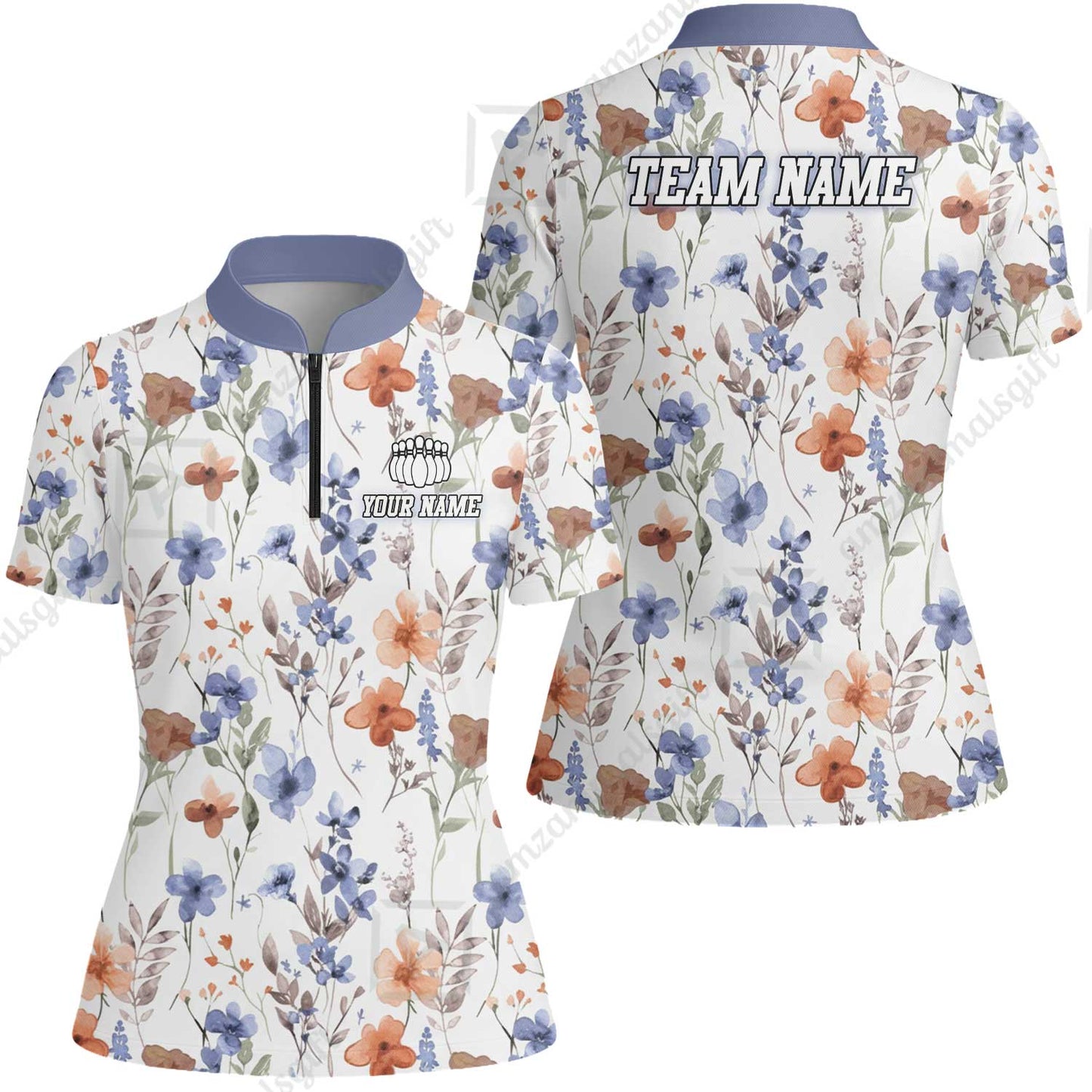 Customized Bowling Unisex Polo Shirt, Watercolor Floral Blossom Pattern, Bowling Uniform - Personalized Name Team Name