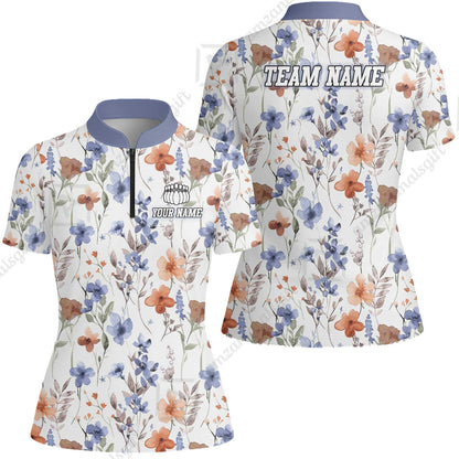 Customized Bowling Unisex Polo Shirt, Watercolor Floral Blossom Pattern, Bowling Uniform - Personalized Name Team Name