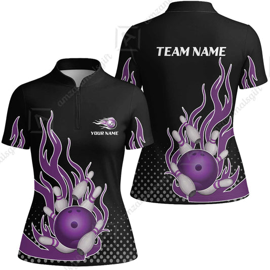 Customized Bowling Team Purple Flame Women Jersey Shirts, Bowling uniforms Bowling Flame Women Jersey Shirts
