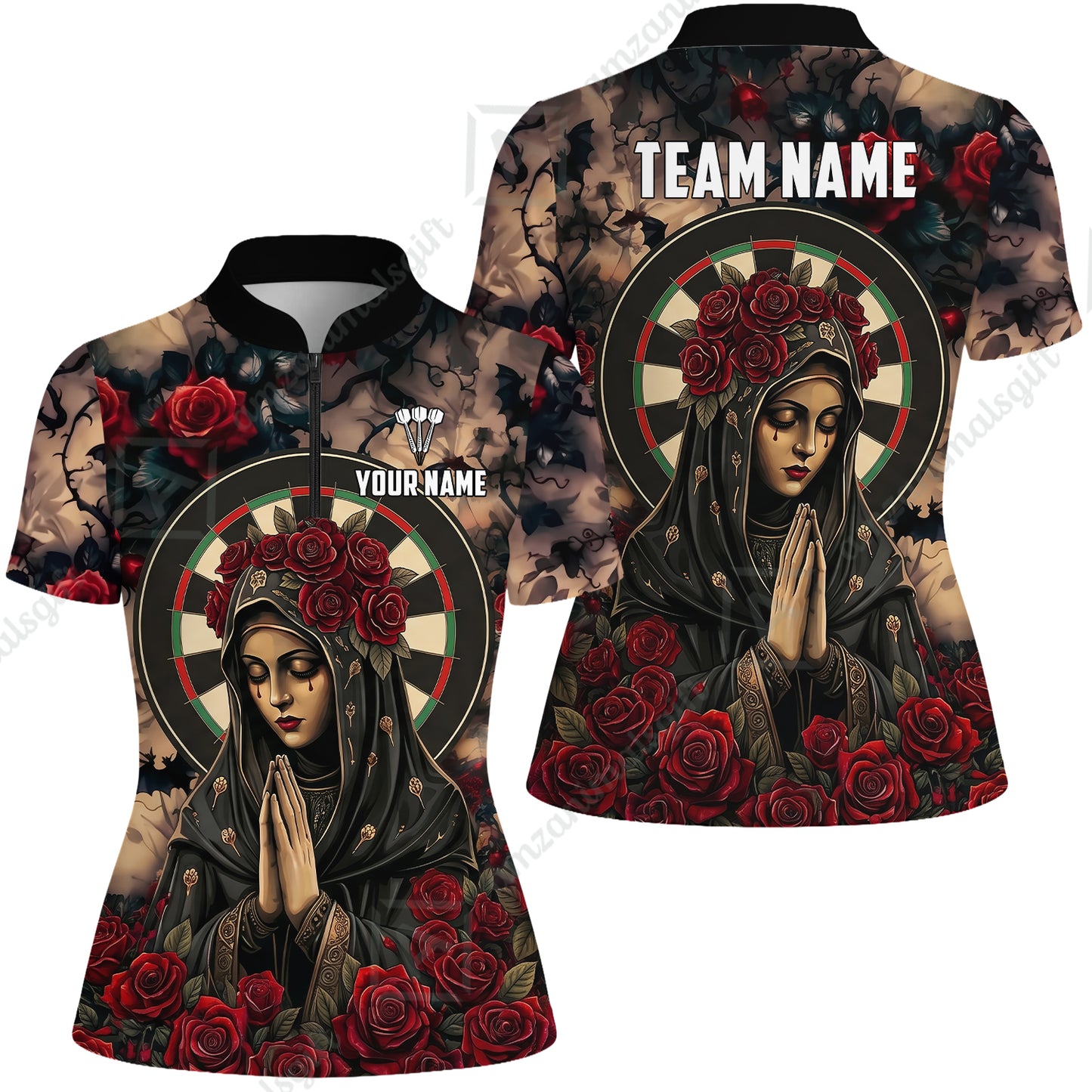 Custom Darts Jersey Polo Shirt, Gothic Madonna And Blue Rose, Custom Dart Jersey Team Shirt For Players With Name & Team Name